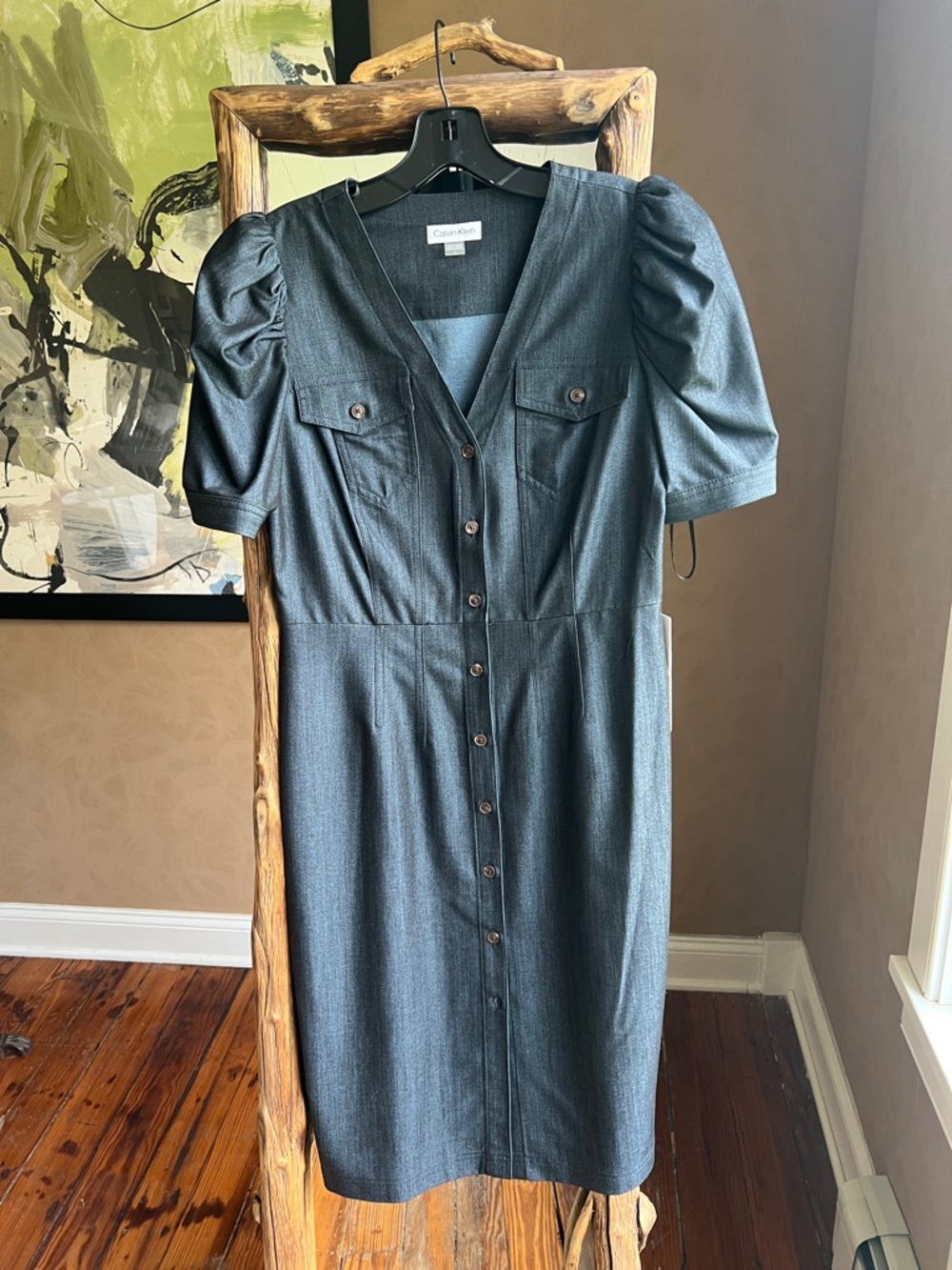 Calvin Klein Charcoal Gray Button-Front Midi Dress with Puff Sleeves